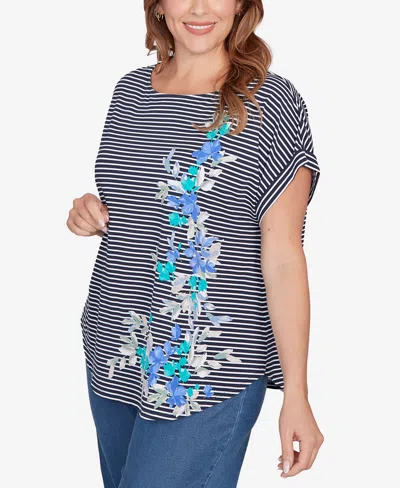 Ruby Rd. Plus Size Floral Stripe Jersey Top In Blue