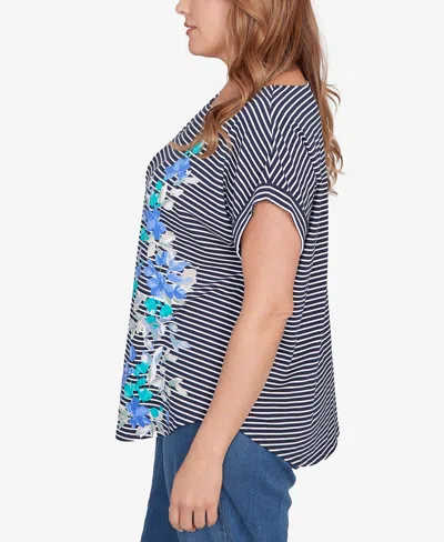 Ruby Rd. Plus Size Floral Stripe Jersey Top In Blue