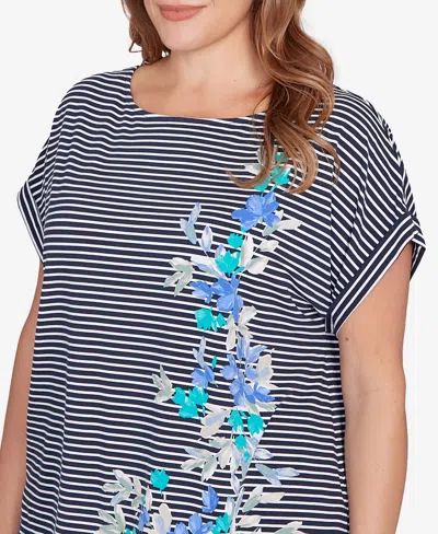 Ruby Rd. Plus Size Floral Stripe Jersey Top In Blue