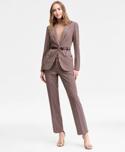 Anne Klein Single Button Blazer Turtleneck Sweater Houndstooth Print Pants In Brown