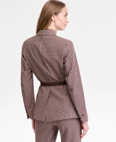 Anne Klein Single Button Blazer Turtleneck Sweater Houndstooth Print Pants In Brown