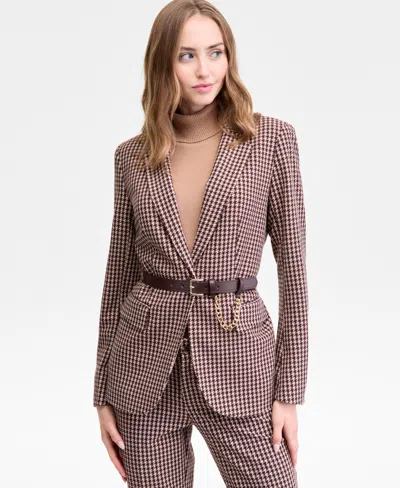 Anne Klein Single Button Blazer Turtleneck Sweater Houndstooth Print Pants In Brown