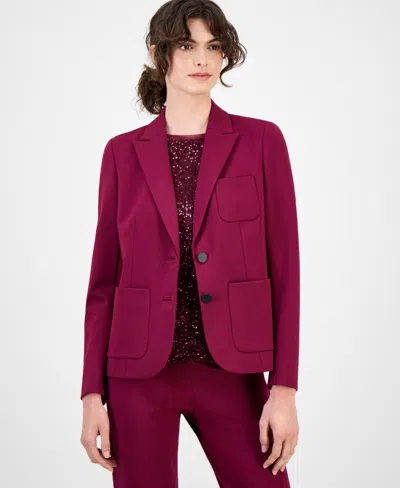 Anne Klein Womens Double Button Triple Pocket Peak Lapel Jacket Sequined Short Sleeve Triple Mesh Top Solid Wid In Burgundy