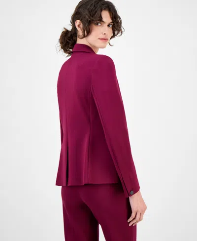 Anne Klein Womens Double Button Triple Pocket Peak Lapel Jacket Sequined Short Sleeve Triple Mesh Top Solid Wid In Burgundy