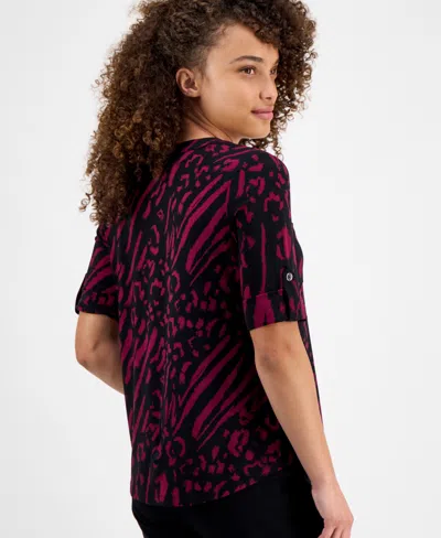 Ak Anne Klein Petite Printed Rolled-sleeve Button-front Top In Multi