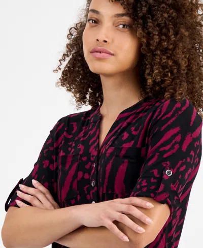 Ak Anne Klein Petite Printed Rolled-sleeve Button-front Top In Multi