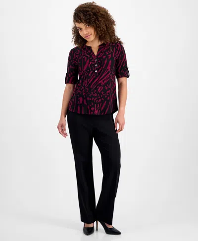 Ak Anne Klein Petite Printed Rolled-sleeve Button-front Top In Multi