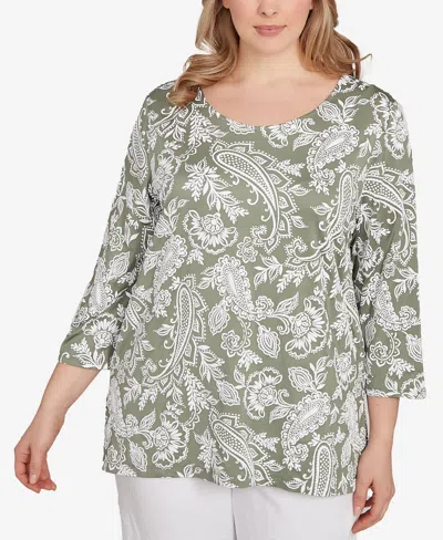Ruby Rd. Plus Size Jacobean Paisley Puff Print Top In Green