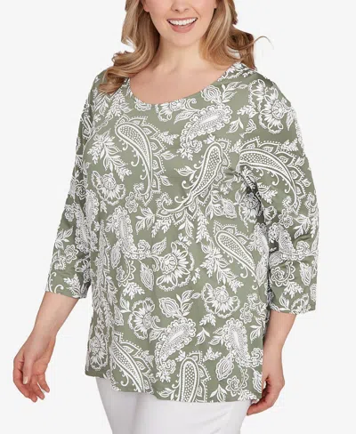 Ruby Rd. Plus Size Jacobean Paisley Puff Print Top In Green