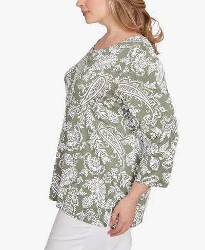 Ruby Rd. Plus Size Jacobean Paisley Puff Print Top In Green