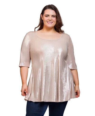 24seven Comfort Apparel Plus Size Scoop Neck Flared Tunic Top In Brown