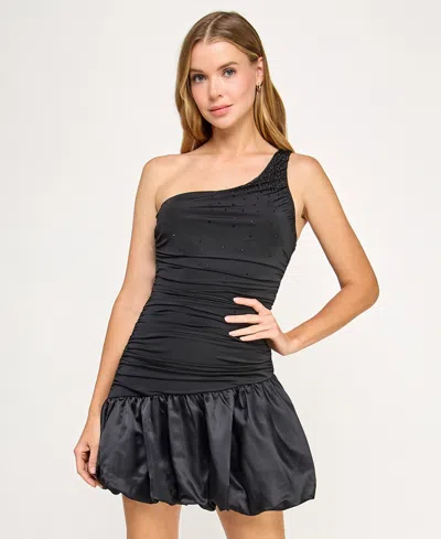 Seni & Cade Juniors' One-shoulder Drop Waist Satin Bubble Skirt In Black
