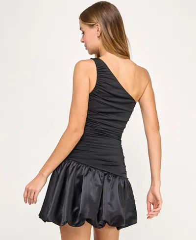 Seni & Cade Juniors' One-shoulder Drop Waist Satin Bubble Skirt In Black