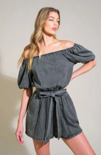 Flying Tomato Chambray Off The Shoulder Romper In Gray