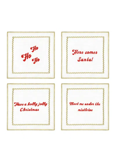 Roumélie Orientale White Embroidered Linen Cocktail Napkin Set Of Four - Christmas Cheer In White