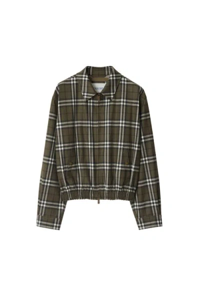 Burberry Plaid Jacket With Point Collar And Pockets In Green