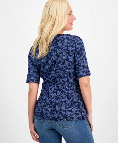 Style & Co Petite Floral Chintz Boat-neck Elbow-sleeve Top, Macy's Exclusive In Blue