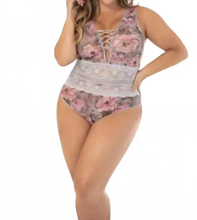Mapalé Enchanting Teddy Bodysuit - Plus In Shoreline Grey / Blossom Print In Multi
