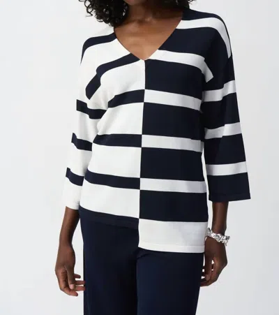 Joseph Ribkoff Striped V-neck Knit Top In Midnight Blue/vanilla In White