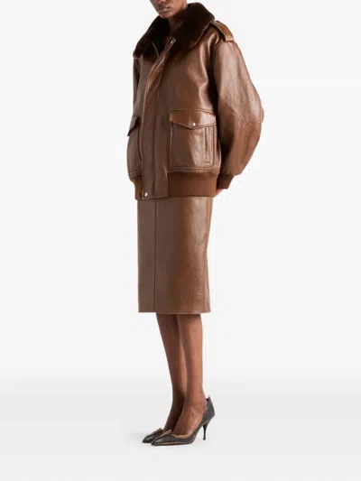 Prada Shearling-collar Leather Jacket In Brown