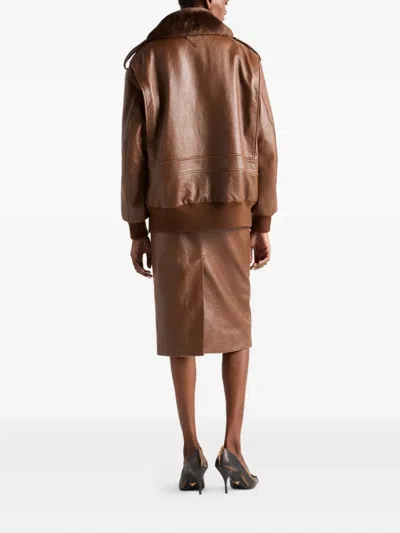 Prada Shearling-collar Leather Jacket In Brown