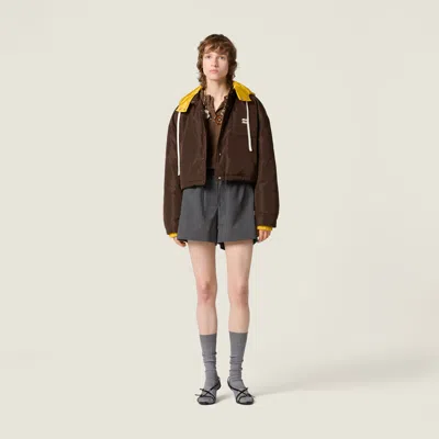 Miu Miu Technical Pongé Down Hoodie Jacket In Brown