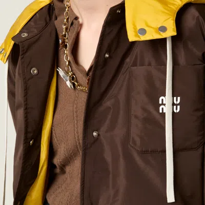 Miu Miu Technical Pongé Down Hoodie Jacket In Brown