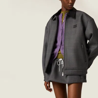 Miu Miu Prince Of Wales Check And Bonded Jersey Blouson Jacket In Gray