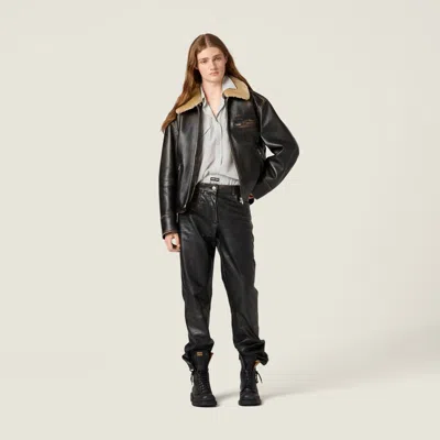 Miu Miu Lamb Shearling Collar Leather Jacket In Black