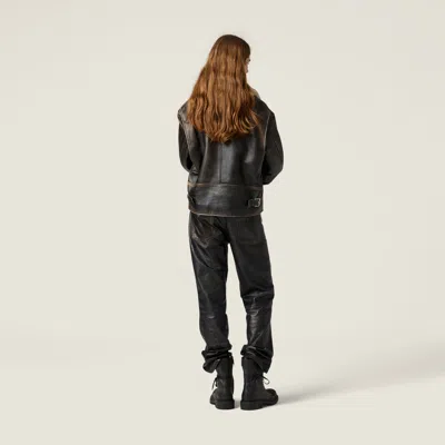 Miu Miu Lamb Shearling Collar Leather Jacket In Black