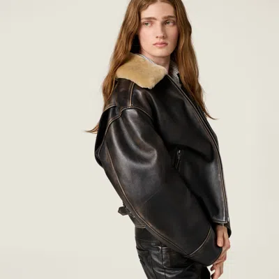 Miu Miu Lamb Shearling Collar Leather Jacket In Black