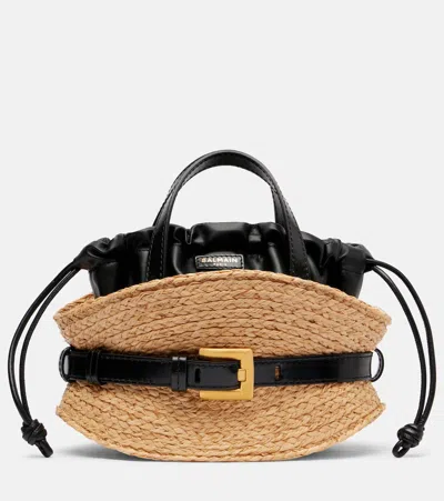 Balmain Shuffle Mini Top-handle Bag In Raffia And Calfskin In Sand