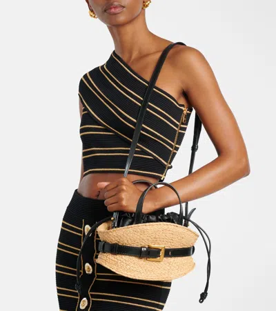 Balmain Shuffle Mini Top-handle Bag In Raffia And Calfskin In Sand