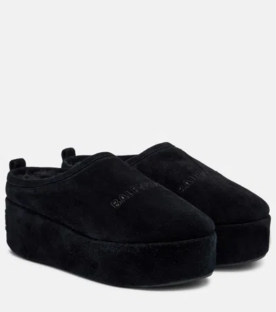 Balenciaga Suede Mules With Rounded Toe And Elevated Platform Sole In Black