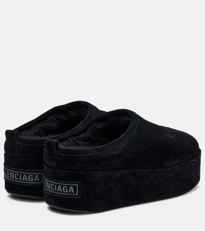 Balenciaga Suede Mules With Rounded Toe And Elevated Platform Sole In Black