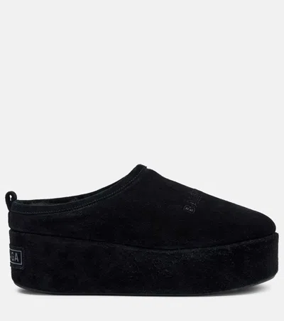Balenciaga Suede Mules With Rounded Toe And Elevated Platform Sole In Black
