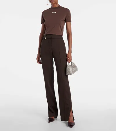 Jacquemus Le T-shirt Gros Grain Brown Crewneck T-shirt With Logo Patch On The Front In Cotton Stretch Woman
