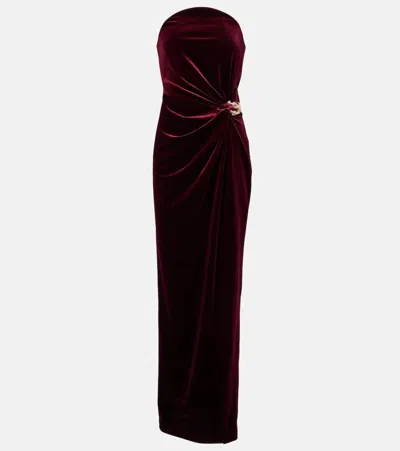 Self-portrait Strapless Cutout Embellished Gathered Velvet Maxi Dress In Brown