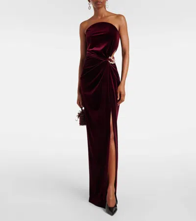 Self-portrait Strapless Cutout Embellished Gathered Velvet Maxi Dress In Brown
