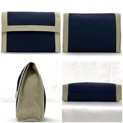 Pre-owned Hermes Beige Navy Cotton Canvas Clutch Bag Handbag Pouch ()