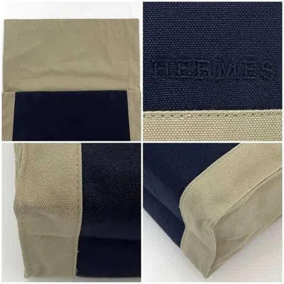 Pre-owned Hermes Beige Navy Cotton Canvas Clutch Bag Handbag Pouch ()