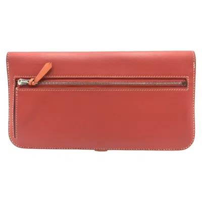 Pre-owned Hermes Crevette Red Color Sanguine Leather Long Wallet (bi-fold) ()