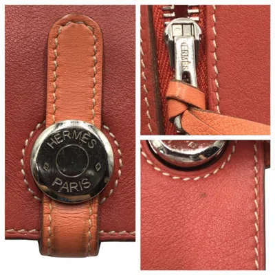 Pre-owned Hermes Crevette Red Color Sanguine Leather Long Wallet (bi-fold) ()