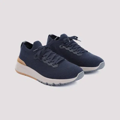 Brunello Cucinelli Leather-trimmed Stretch-knit Sneakers In Blue
