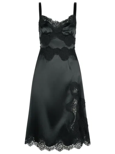 Dolce & Gabbana Lace Trim Satin Dress With Spaghetti Straps In Black