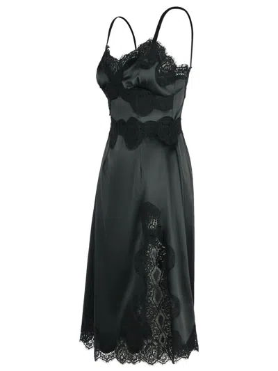Dolce & Gabbana Lace Trim Satin Dress With Spaghetti Straps In Black