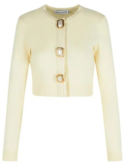 Self-portrait Womens Cream Cropped Embellished Stretch-wool Blend Cardigan In Yellow