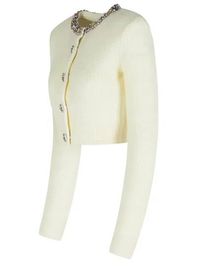 Self-portrait Cropped Sweater With Textured Boucle Knit And Crystal Embellishments In White