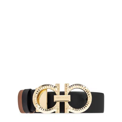 Ferragamo Hammered Gancini Reversible Leather Belt In Black