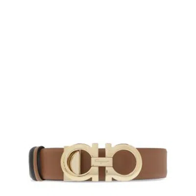 Ferragamo Hammered Gancini Reversible Leather Belt In Black